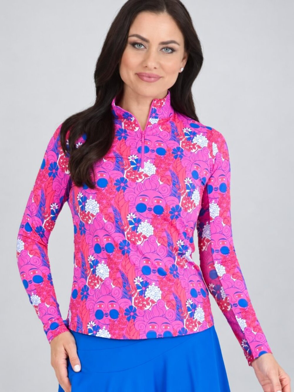IBKÜL Nadia Sun Face Pink Long Sleeve 1/4 Zip Cooling Pullover Polo Top XXL Chic